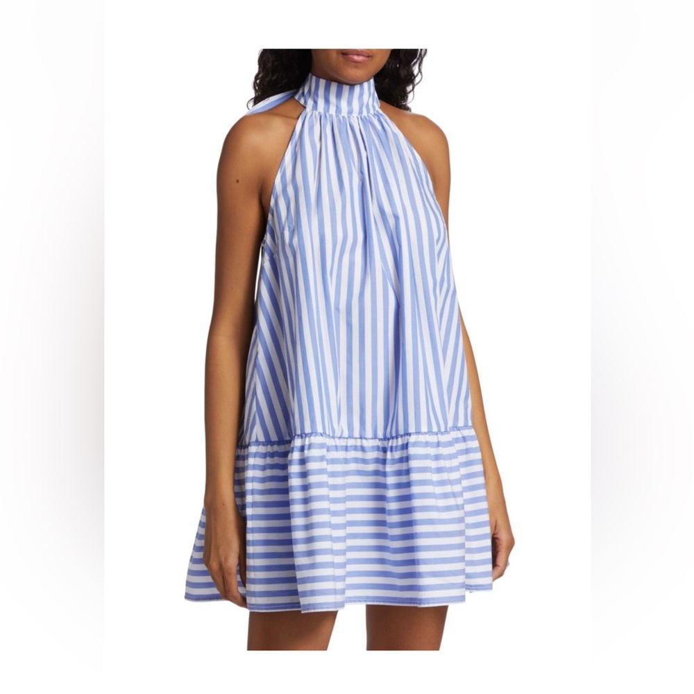 New STAUD mini marlow Blue and White Striped Mini Dress